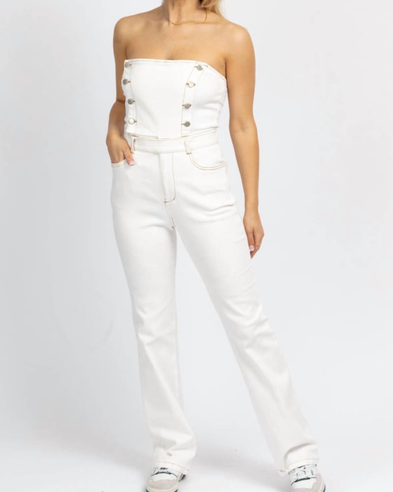 Front of a model wearing a size L Strapless Denim Jumpsuit In Off White in Off White by Blue Blush. | dia_product_style_image_id:356916